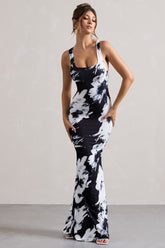 Monochrome Floral Print Square-Neck Maxi Dress